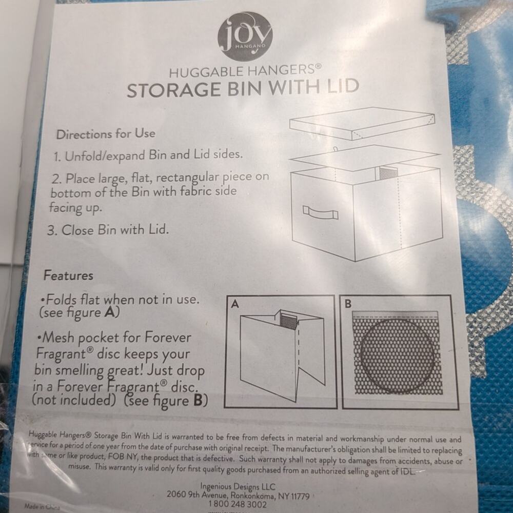 JOY MANGANO Huggable Hangers Storage Bin With Lid Blue Trellis Pattern NEW